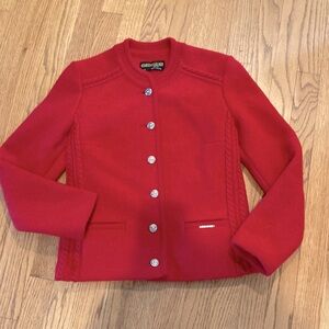 Geiger Boiled wool jacket from Austria.  Beautiful classic red w/silver buttons.